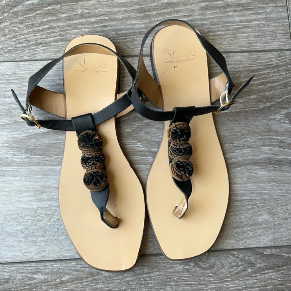 Victor Black Floral Accent Thong Leather Sandal Made in Italy